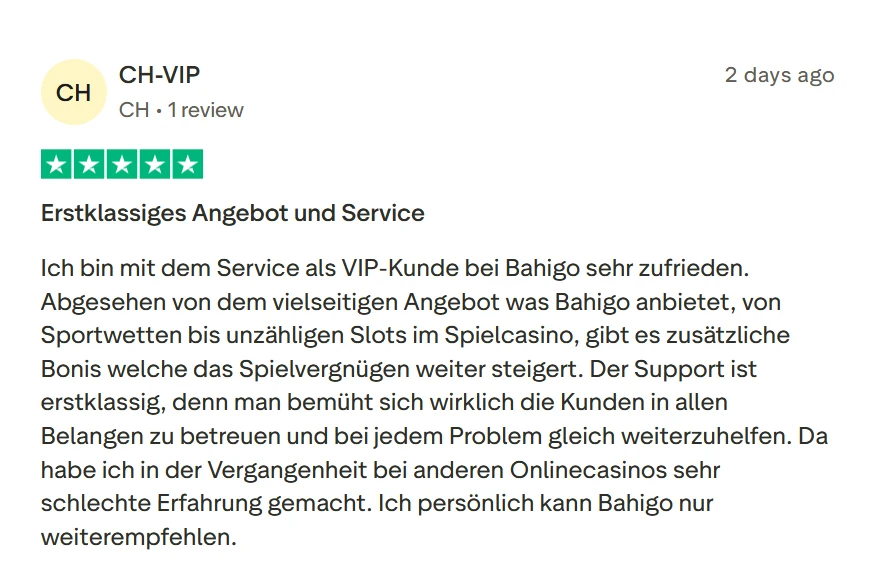 Positive Bewertung von einem VIP-Kunden, der die große Spielauswahl, die zusätzlichen Boni und den professionellen Kundenservice schätzt.