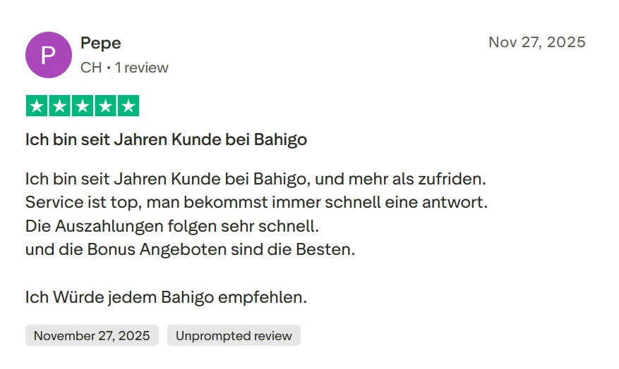 Positive Bewertung von einem Nutzer, der den exzellenten Service, die schnellen Reaktionszeiten, die zügigen Auszahlungen und die vorteilhaften Bonusangebote schätzt.