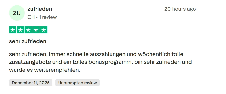Positive Nutzerbewertung des Casinos mit schnellen Auszahlungen, tollen wöchentlichen Angeboten und einem vorteilhaften Bonusprogramm.